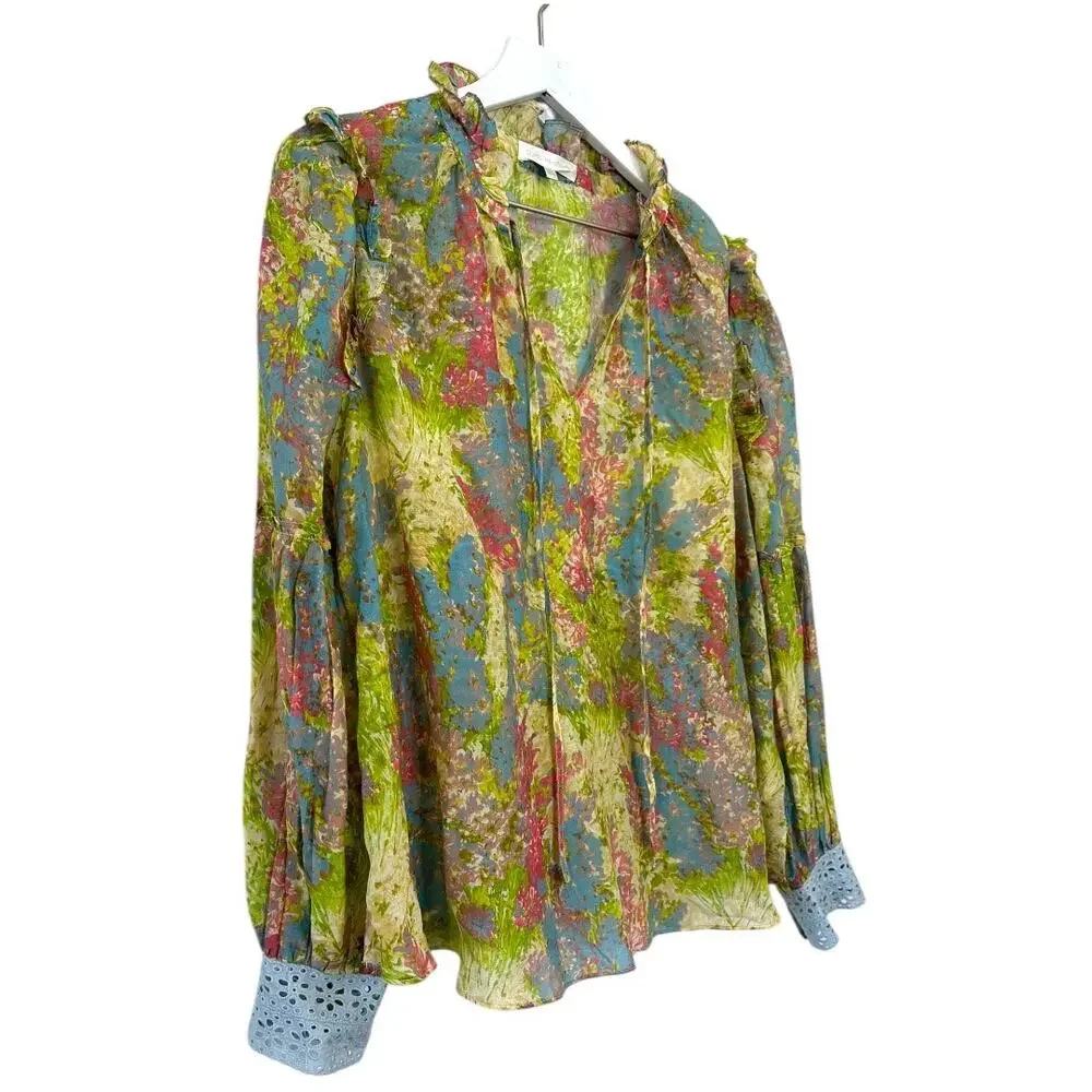LoveShackFancy Floral Ruffle Blouse Cotton Silk Sheer Romantic Top Size Large